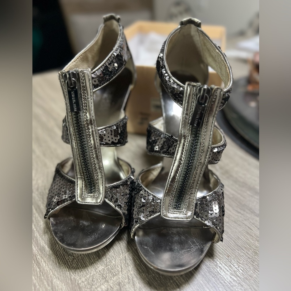 Michael Kors Gunmetal Berkeley T Strap Heels with sequins